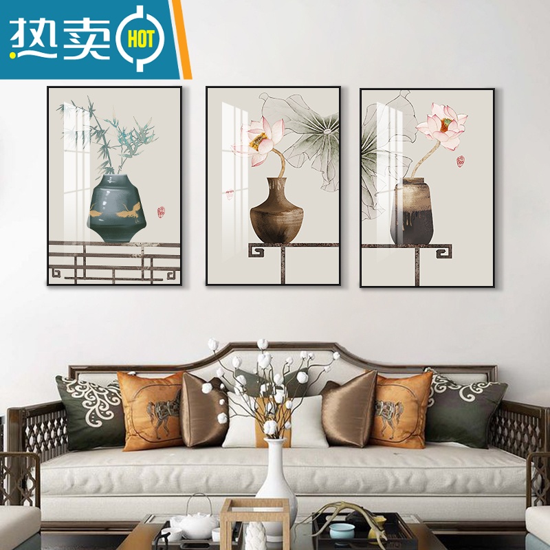 敬平新中式客厅装饰画2021年新款三联画沙发背景墙画现代简约山水挂画装饰画高清大图