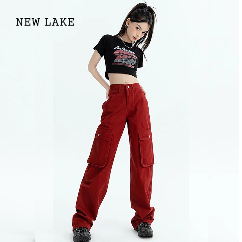 lake红色美式工装裤女2023新款机能风辣妹多口袋休闲宽松阔腿拖地裤子