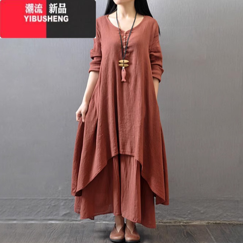 YIBUSHENG新款民族风优质假两件长裙春秋大摆亚麻连衣裙宽松长袖棉麻裙高清大图