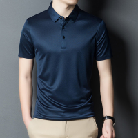 夏季男士桑蚕丝短袖t恤薄款翻领真丝条纹半袖大码POLO衫 170 深蓝色