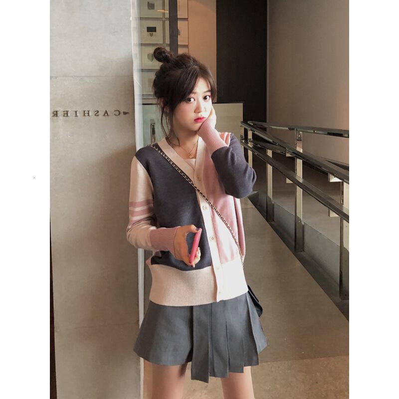 迪鲁奥(DILUAO)女2021新款初秋休闲百搭宽松v领袖薄针织拼色上衣