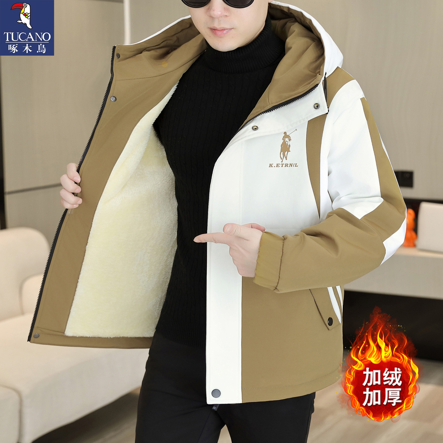 啄木鸟男士外套2025新款男士工装连帽加绒夹克冲锋衣冬季加厚棉工高清大图