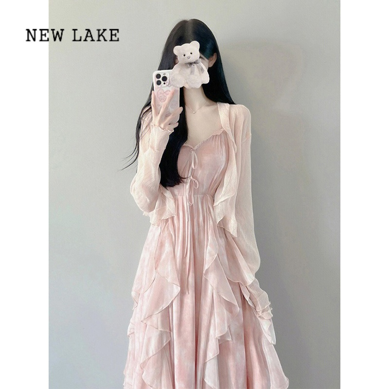 newlake法式仙气长裙仙森系甜美温柔风开衫粉色吊带连衣裙两件套装裙