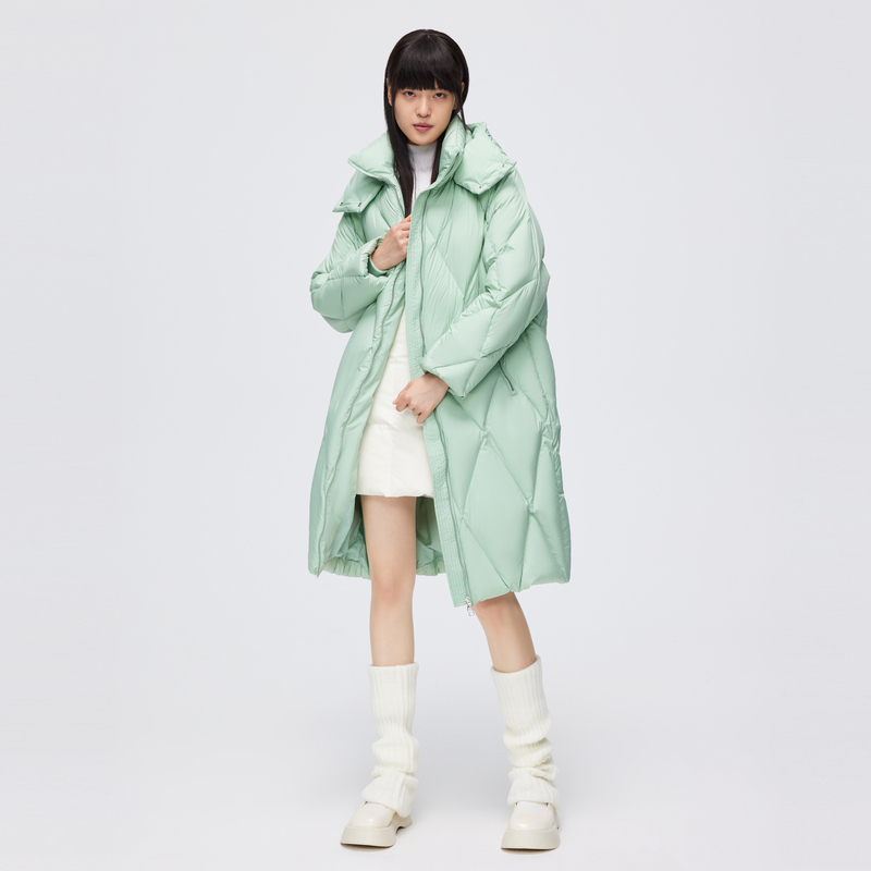 波司登2022年新款女士中长款可拆卸帽纯色绗缝羽绒服韩系冬装外套