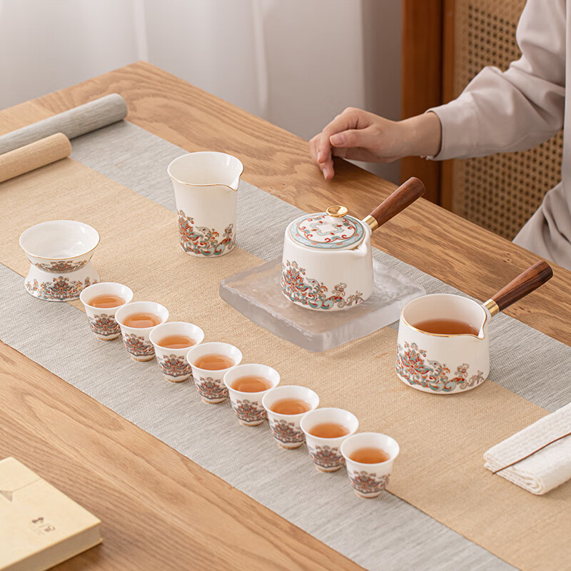 苏苏氏陶瓷/SUSHI CERAMICS SS004 羊脂玉瓷宝相花侧把壶茶具套装 (单位:套)