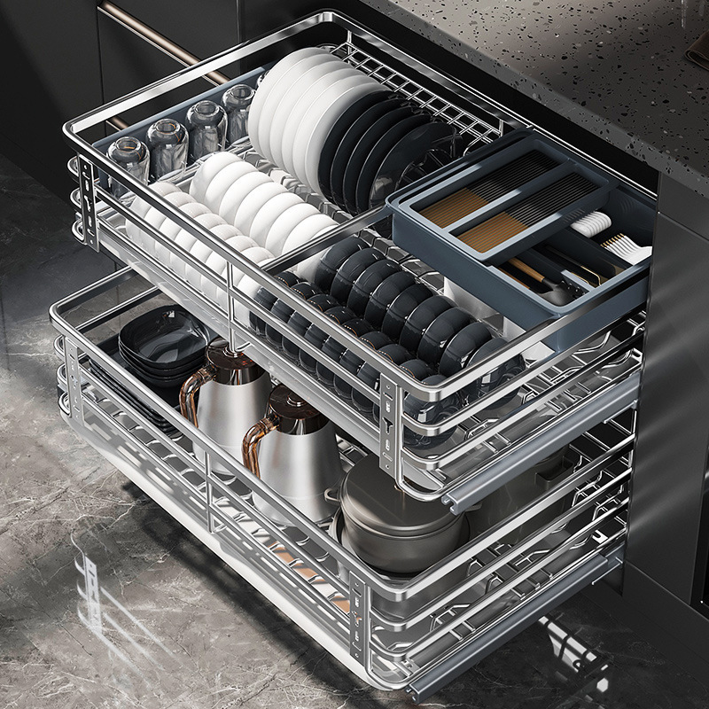 尔沫 厨房拉篮橱柜双层调味碗盘蓝304不锈钢碗碟柜厨房收纳篮阻尼滑轨抽屉式碗碟篮碗柜