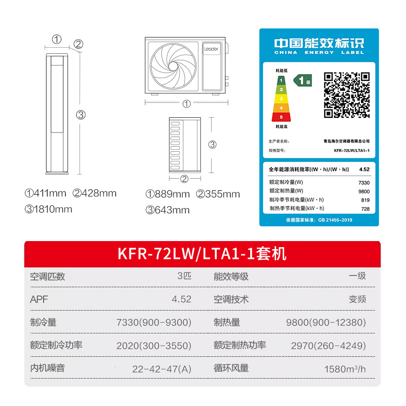 海尔出品统帅空调3匹柜机 超省电新品超一级变频节能立式以旧换新KFR-72LW/LTA1-1高清大图