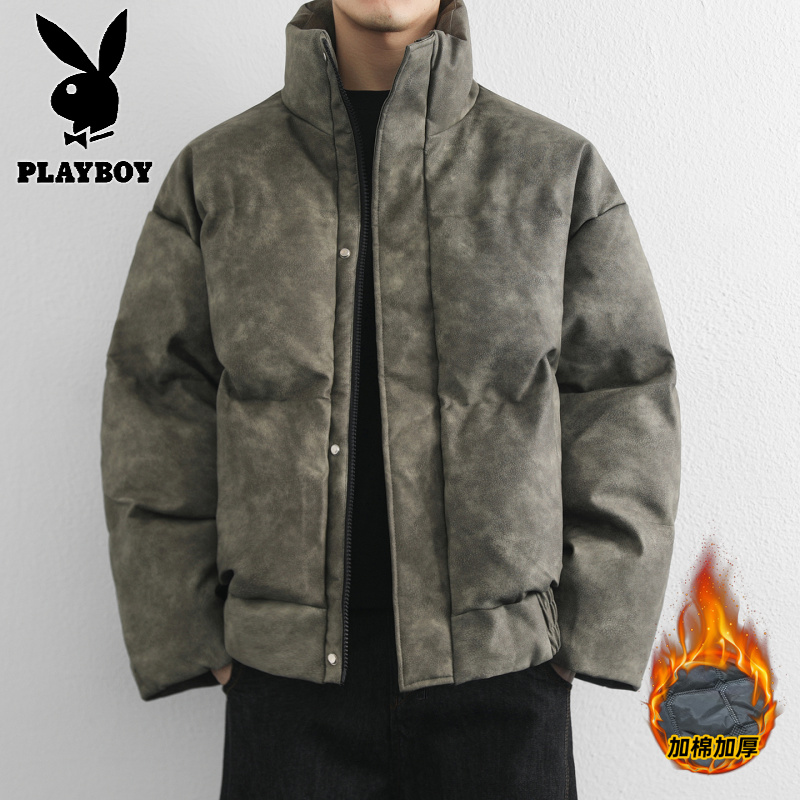 花花公子新款高品质秋冬青少年加棉加厚PU棉衣男港风时尚棉服高清大图