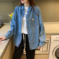 唐狮春季衬衫女复古牛仔做旧长袖衬衣小标薄款外套ins