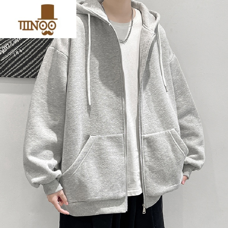 YANXU拉链开衫外套男纯色冬季加绒青少年帅气休闲宽松连帽季休高清大图