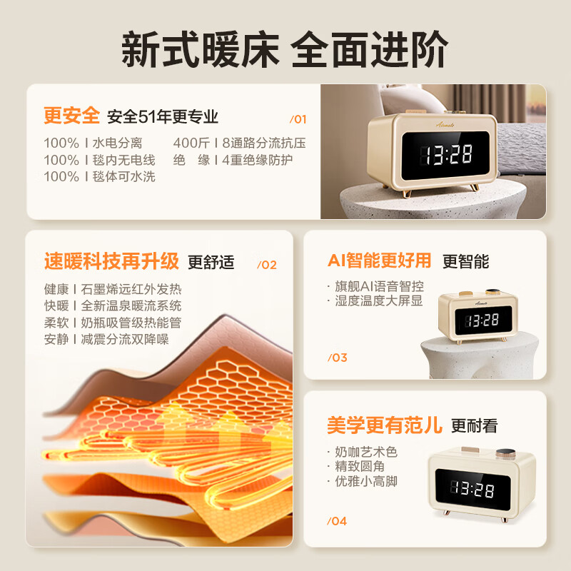 艾美特水暖电热毯水循环电热水暖毯石墨烯水热毯双人语音电褥子手机控制定时除螨水电分离水热炕水暖床垫[1.5米*1.8米]高清大图