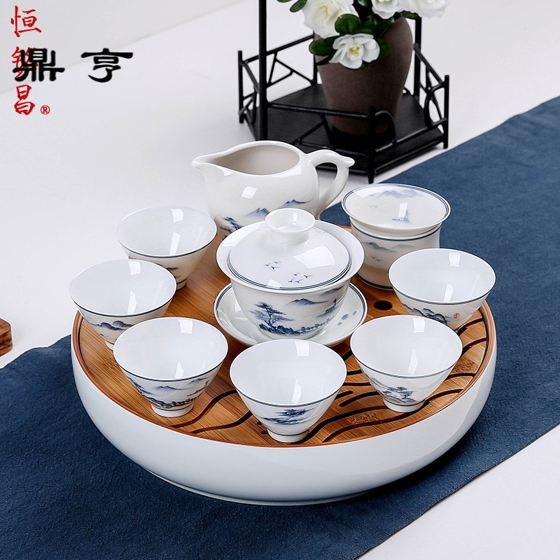 鼎亨 陶瓷功夫茶具家用茶盘大小号圆形竹制茶海托盘简约干泡台
