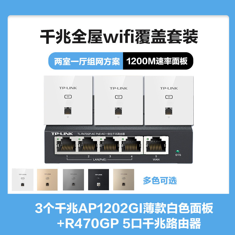 TP-LINK 全屋WIFI覆盖方案二室一厅1200M双频千兆无线面板AP套装 3个千兆面板AP1202GI薄款(方)白色+5口千兆一体化路由器智能家居大户型复式别墅家庭用办公组网