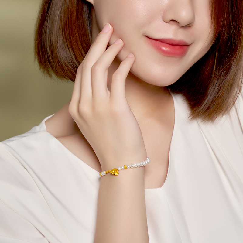 潮宏基 铃兰花 黄金珍珠手链足金手串转运珠女礼物