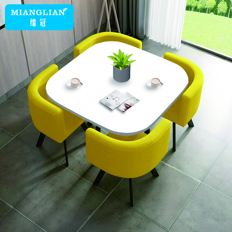 绵冠MIANGUAN洽谈桌椅组合会客办公室休闲咖啡厅奶茶店小户型方形接待桌椅一桌四椅 黄色布艺方桌