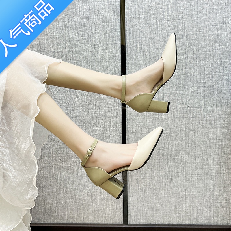 SUNTEK尖头高跟鞋中空时装扣带凉鞋女2023新粗跟侧空单鞋配裙子鞋扣凉S高清大图