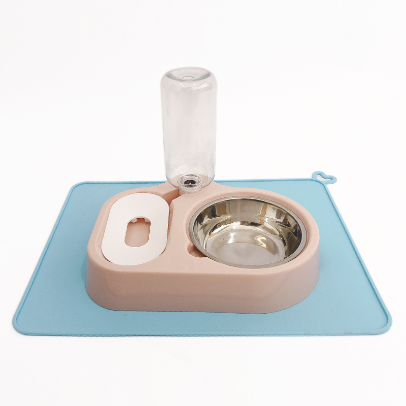 猫碗不锈钢狗碗双碗不湿嘴自动饮水器两用猫宠物粮狗食盆猫咪用品 粉红色+防漏餐垫蓝色 适合猫/小型犬