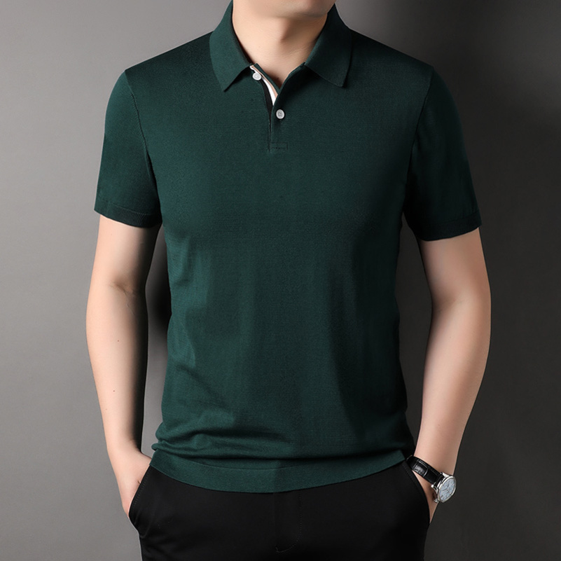 夏季新款男士翻领纯色桑蚕丝短袖t恤休闲亚麻男装棉质半袖polo衫高清大图