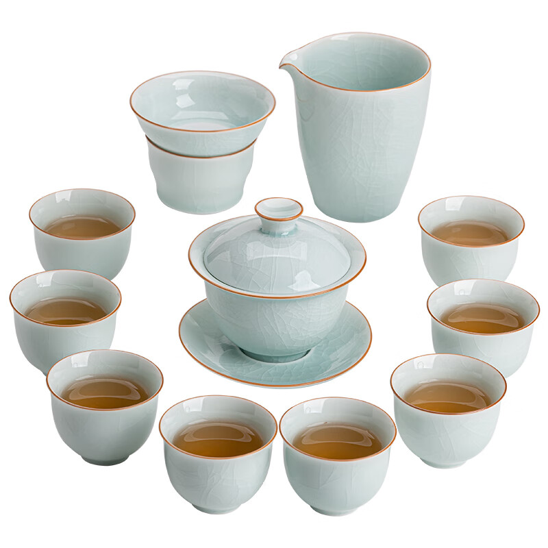 苏氏陶瓷/SUSHI CERAMICS J0683 汝窑卵青 开片可养金线三才盖碗8茶杯高档礼盒装 (单位:盒)