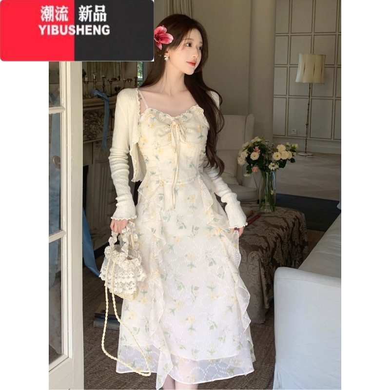 YIBUSHENG大码女装法式温柔风碎花连衣裙季显瘦吊带裙胖MM裙子防晒衫套装高清大图