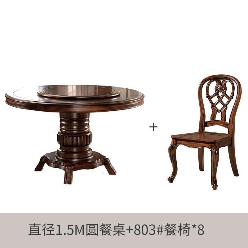 BONJEAN美式餐桌黑胡桃木餐桌实木圆形饭餐桌椅组合欧式家用餐厅家具 1.5米桌+803#餐椅*8
