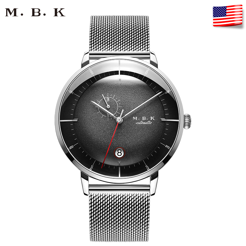 M.B.K欧美品牌男士全自动机械表 男款星球系列新款大表盘手表男小众男表简约日历腕表1008-3 黑面钢带