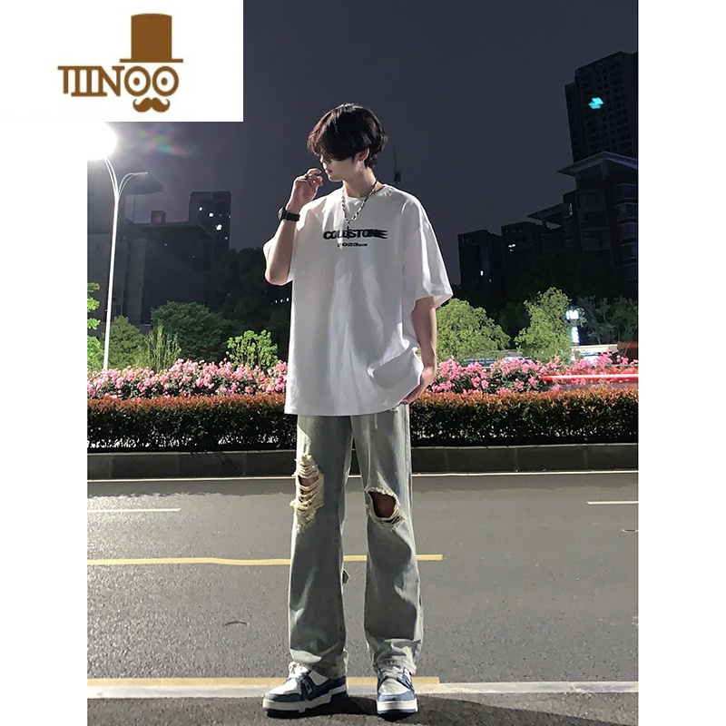 YANXU黑色破洞牛仔裤夏季薄款男工装显腿长裤子高街美式vibe直筒微喇裤