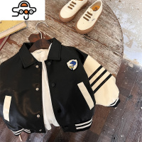 儿童外套2022秋新款男女童拼色皮夹克宝宝短款卡通棒球服潮 七色王国