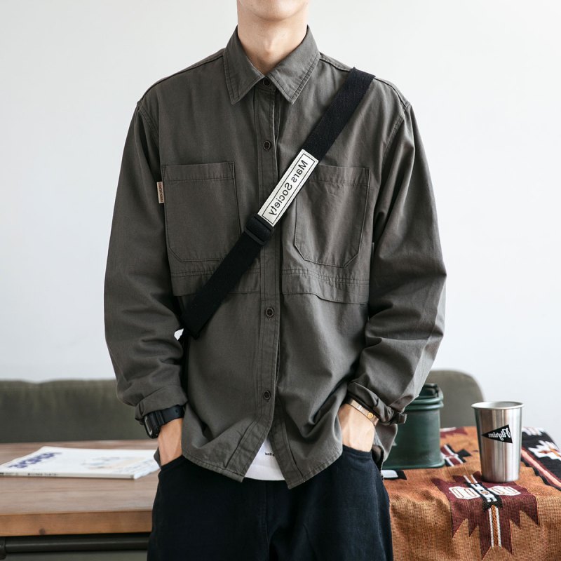 baluoshang秋季长袖工装衬衫男港风潮流百搭原创宽松日系复古休闲衬衣