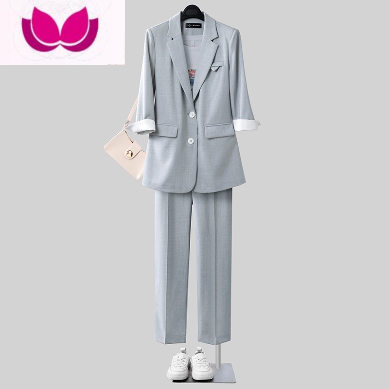 七斓七分袖西装套装女薄款夏季2023新款职业正装通勤工作西服休闲外套 3XL 冰淇淋蓝西装七分袖+西裤