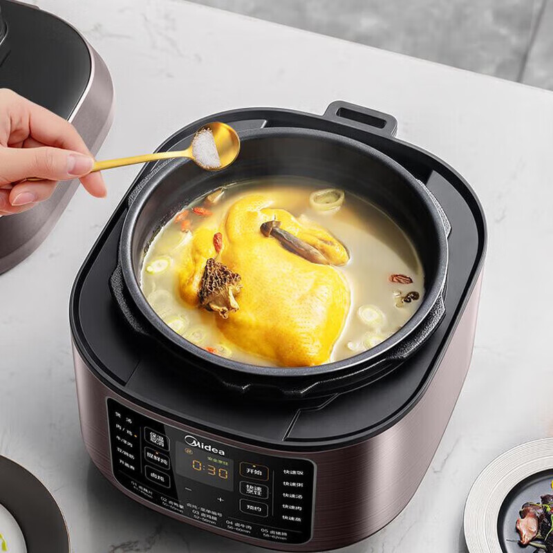 美的(Midea)0涂层电压力锅压力锅电高压锅多功能开盖煮智能预约快速饭提鲜炖6L MY-C640G高清大图