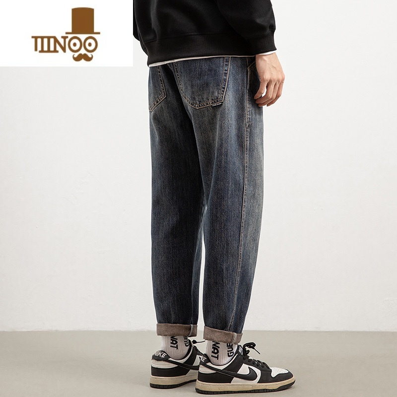 YANXU牛仔裤男士夏季薄款潮牌复古九分裤2023新款宽松直筒弹力休闲裤子高清大图