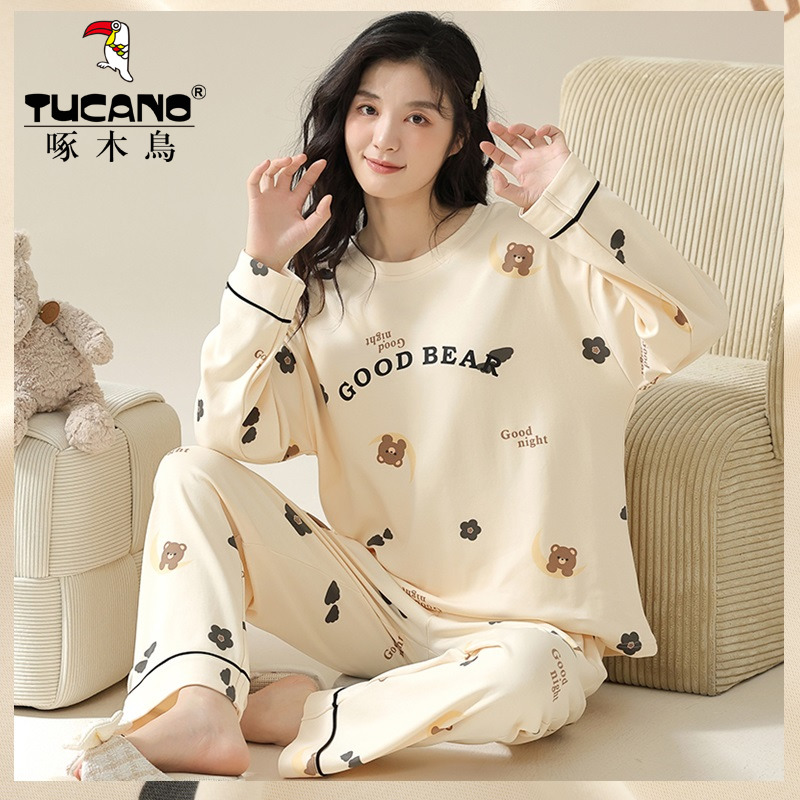 啄木鸟睡衣女春秋季新款纯棉长袖长裤两件套冬夏天女士休闲家居两高清大图