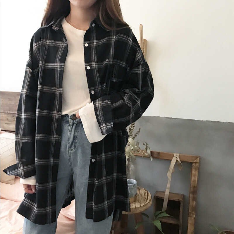 200斤胖mm春装韩版中长款翻领格子衬衫加大码单排扣宽松衬衣外套