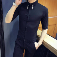 18男士韩版修身简约七分袖衬衫金属装饰潮中袖个性型师短袖衬衣