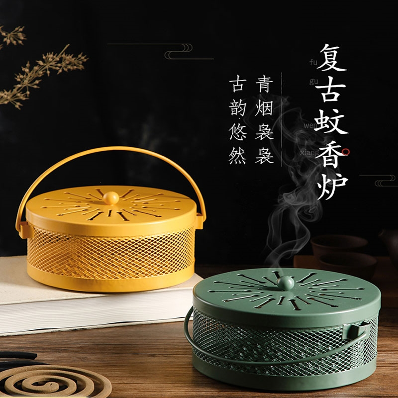 法耐(FANAI)蚊香盘拖蚊香盒创意家用带盖接灰放蚊香架铁艺檀香蚊香炉_优雅粉烟花纹大号带盖防火