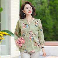 夏季薄款妈妈装大码休闲上衣40岁印花中老年人衣服时尚气质婆婆装 2XL(建议110-125斤） 绿色小衫