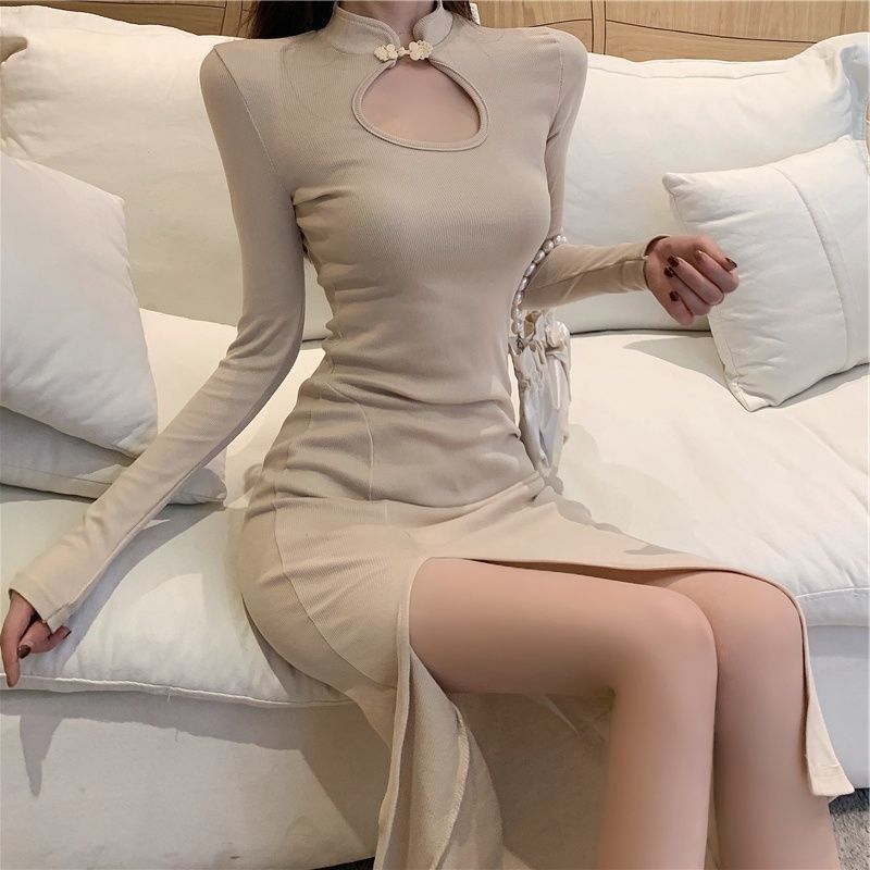 御姐范气质欧美风性感长袖裙子镂空开叉修身显瘦打底连衣裙长裙潮
