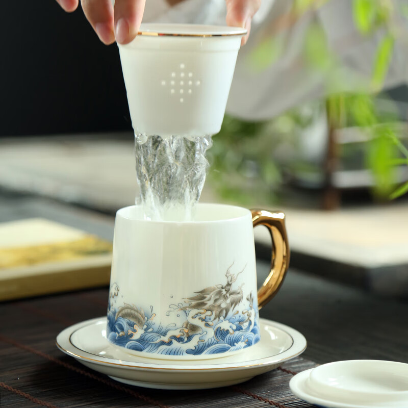 金镶玉 蛟龙出海描金盖杯 茶杯茶具泡茶会议室办公杯 羊脂玉陶瓷杯 345ml高清大图