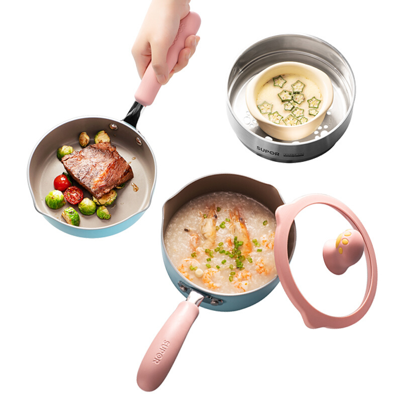 苏泊尔 (SUPOR) 小馋喵婴儿辅食锅锅具套装精灵蓝色奶锅蒸格煎锅TP1931Q-B 送硅胶汤勺