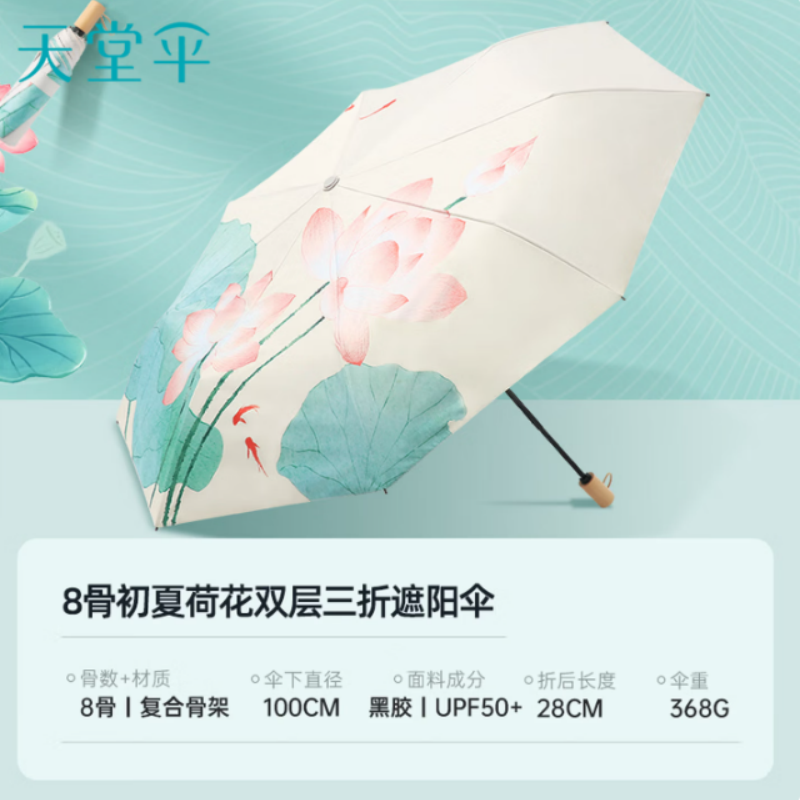天堂防紫外线三折夏荷8K双层防晒轻巧黑胶户外遮阳太阳伞晴雨 伞下98CM高清大图