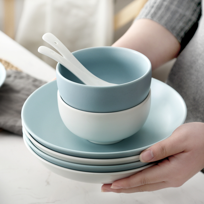 46人碗碟套装家用烘焙精灵日式碗盘子面碗陶瓷餐具饭碗32件哑光蓝白