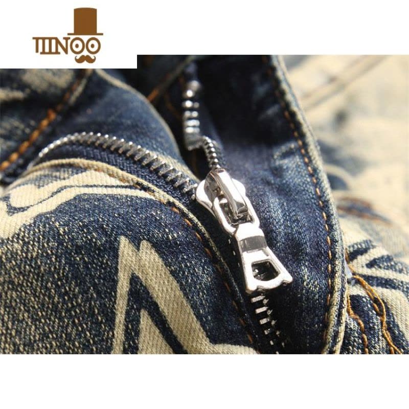 YANXU新款复古印花牛仔裤男弹力修身直筒欧美个性怀旧破洞休闲长裤图片