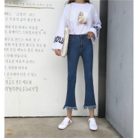 微喇叭裤女九分裤黑色高腰流苏牛仔裤秋季韩版弹力显瘦毛边长裤潮
