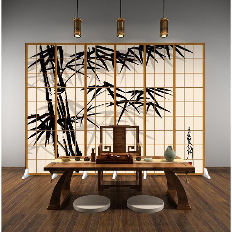 森美人日式仿木纹格子屏风隔断客厅现代简约双面移动布艺时尚可折叠折屏 明黄色6扇防透宽2.4米