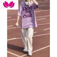 七斓初中生夏装运动套装2023新款少女时尚休闲短袖T恤高中学生套 L 紫色上衣100棉/单件