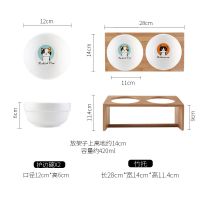 猫碗陶瓷猫盆猫粮碗猫餐桌双碗饮水碗护颈碗宠物用品可爱倾斜套装 蓝+橘色套装