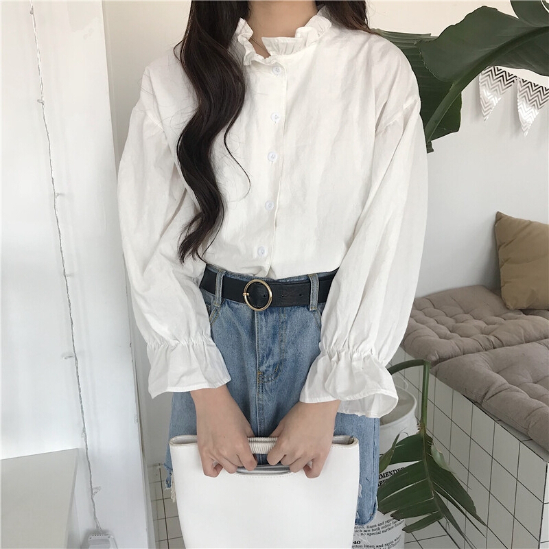 2018秋季新款港味木耳领长袖衬衫女韩范学院风花边宽松灯笼袖上衣 白色 均码