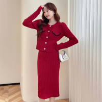 唐狮红色针织开衫和半裙女新款冬季穿搭一整套高级感qd