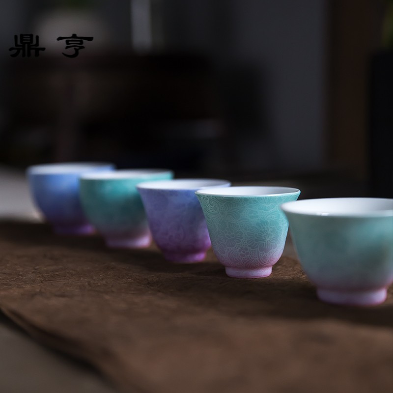 鼎亨景德镇粉彩扒花渐变品茗杯主人杯 全手工功夫茶具小茶杯茶盏